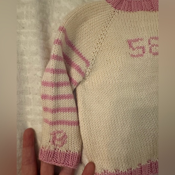 Handmade knitted Kids Pink and Cream Red Sox Cardigan 58 baseball - Picture 3 of 8